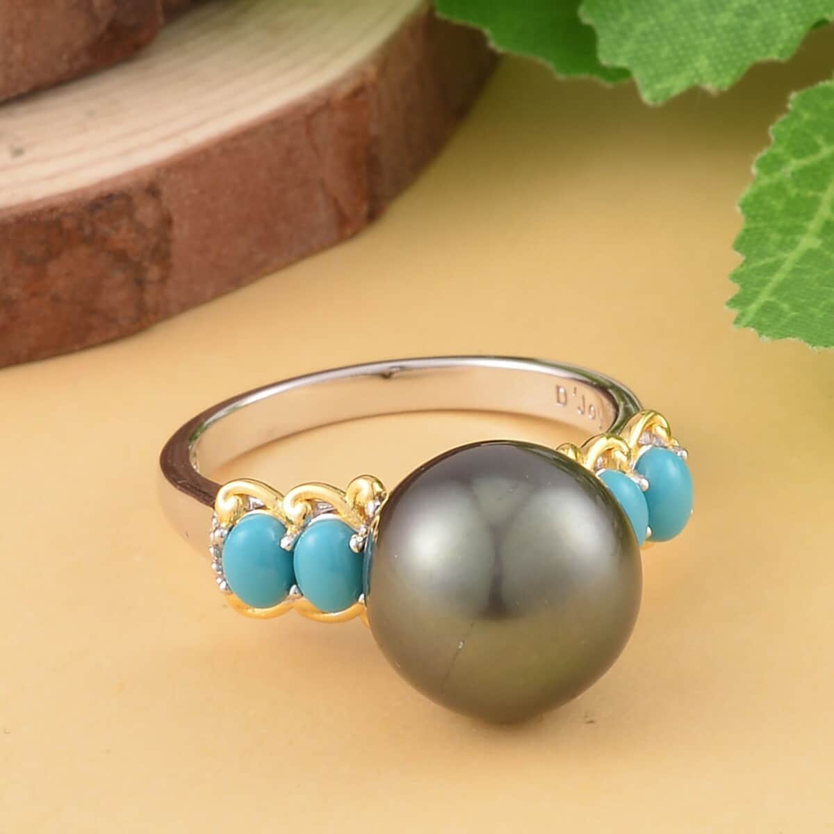 Tahitian Cultured Pearl 11-12mm and Sleeping Beauty Turquoise Vermeil YG and Rhodium Over Ring in Sterling Silver (Size 8.0) 0.50 ctw image number 1