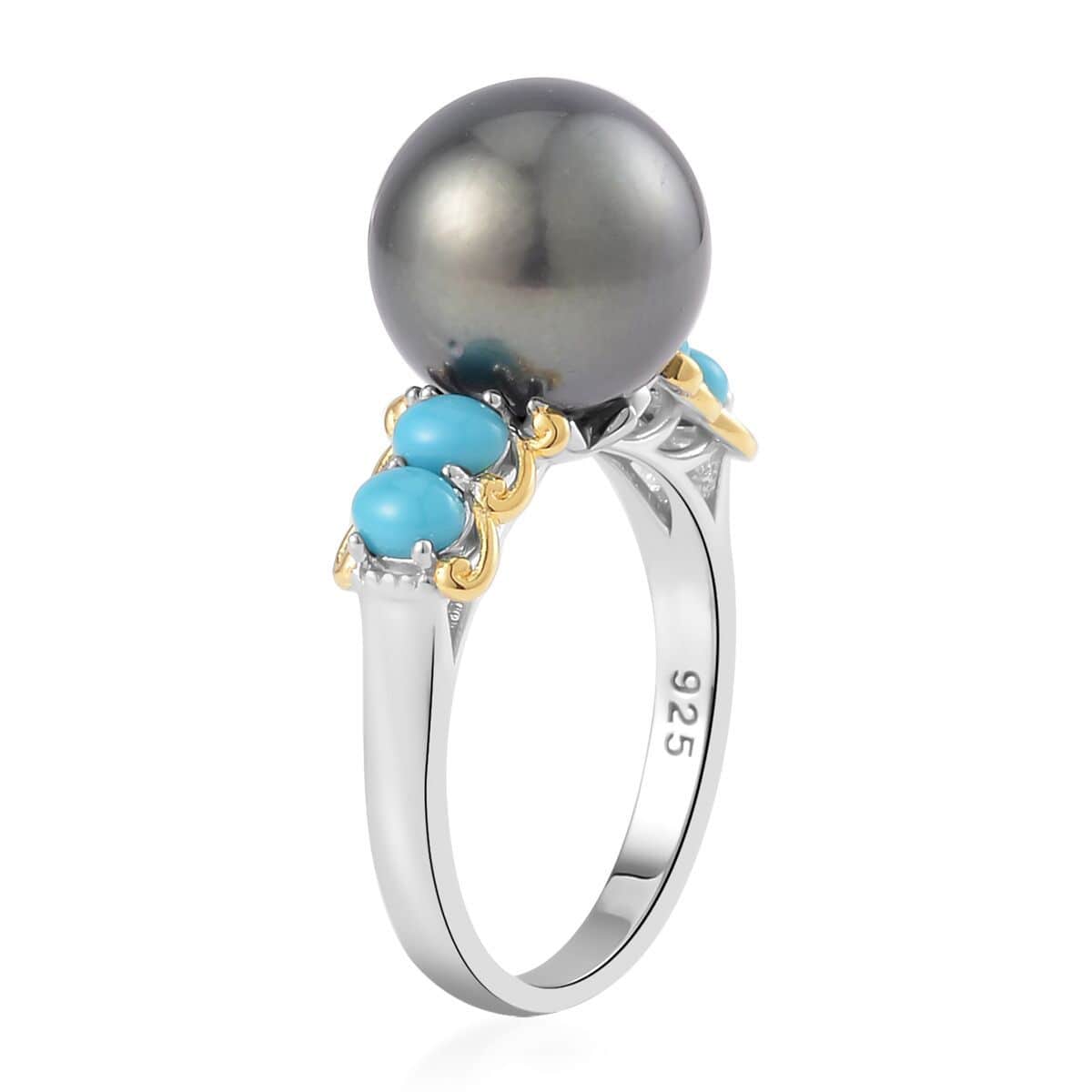Tahitian Cultured Pearl 11-12mm and Sleeping Beauty Turquoise Vermeil YG and Rhodium Over Ring in Sterling Silver (Size 8.0) 0.50 ctw image number 3