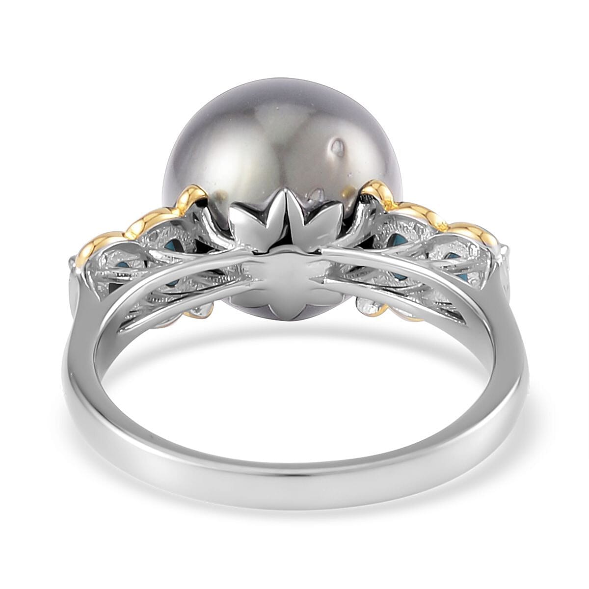 Tahitian Cultured Pearl and Sleeping Beauty Turquoise Vermeil YG and Rhodium Over Ring in Sterling Silver (Size 10.0) 0.50 ctw