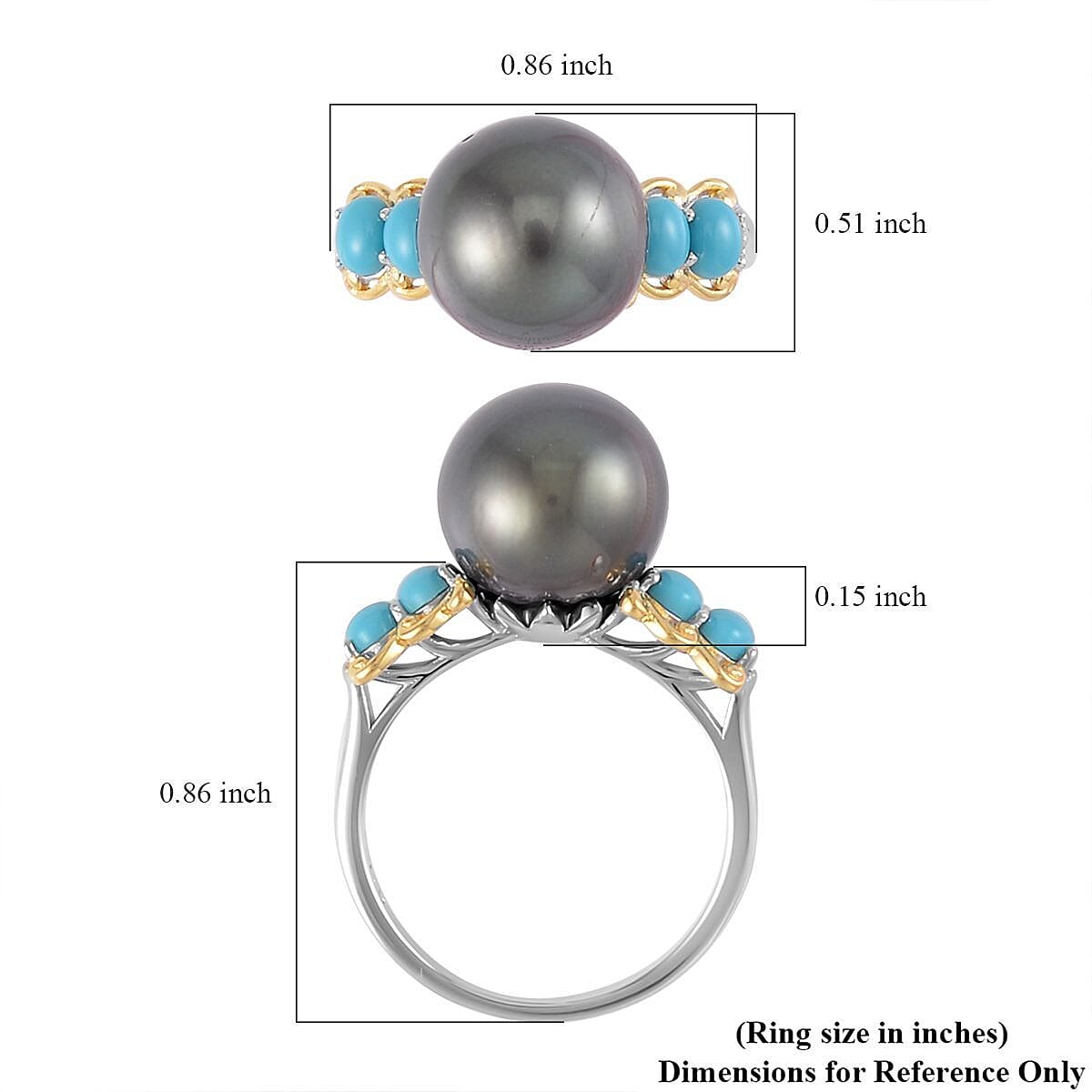 Tahitian Cultured Pearl and Sleeping Beauty Turquoise Vermeil YG and Rhodium Over Ring in Sterling Silver (Size 10.0) 0.50 ctw