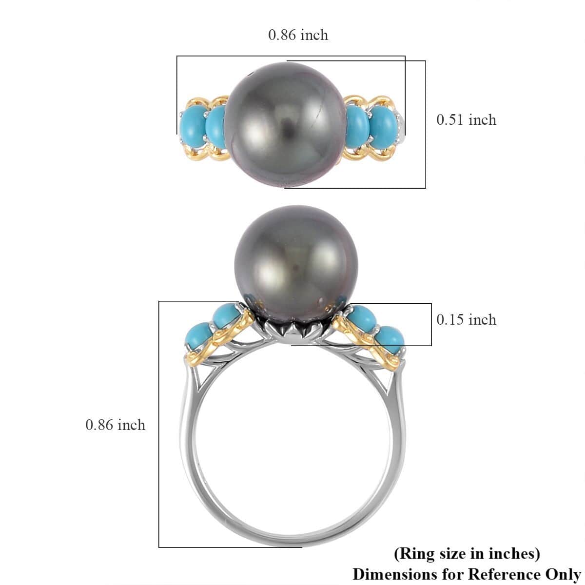 Tahitian Cultured Pearl 11-12mm and Sleeping Beauty Turquoise Vermeil YG and Rhodium Over Ring in Sterling Silver (Size 8.0) 0.50 ctw image number 5