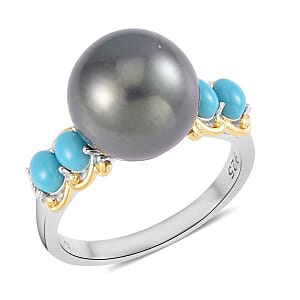 Tahitian Cultured Pearl and Sleeping Beauty Turquoise Vermeil YG and Rhodium Over Ring in Sterling Silver (Size 8.0) 0.50 ctw