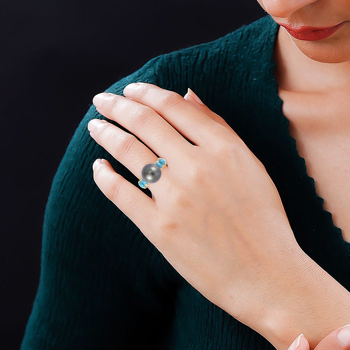 Tahitian Cultured Pearl and Sleeping Beauty Turquoise Vermeil YG and Rhodium Over Ring in Sterling Silver (Size 8.0) 0.50 ctw image number 2