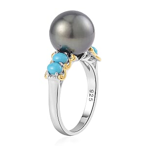 Tahitian Cultured Pearl and Sleeping Beauty Turquoise Vermeil YG and Rhodium Over Ring in Sterling Silver (Size 8.0) 0.50 ctw