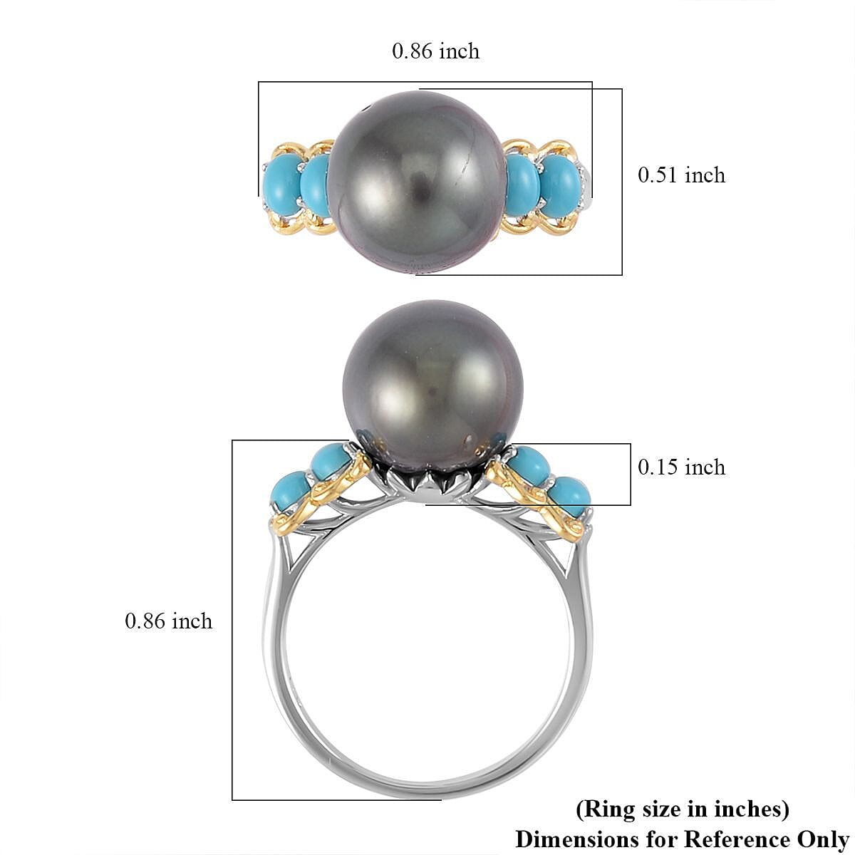 Tahitian Cultured Pearl and Sleeping Beauty Turquoise Vermeil YG and Rhodium Over Ring in Sterling Silver (Size 8.0) 0.50 ctw image number 5