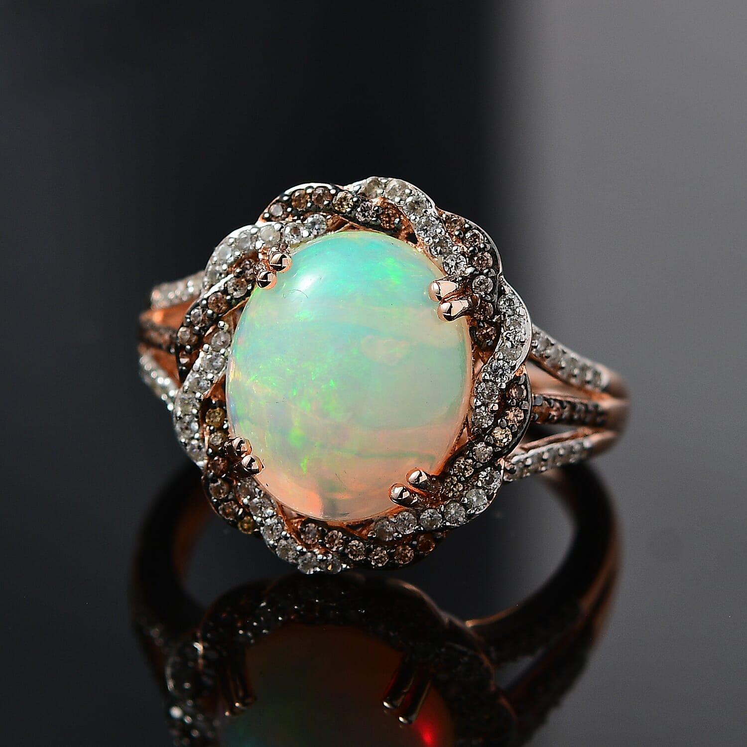 Premium Ethiopian Welo Opal, White and Champagne Zircon Ring in Vermeil Rose Gold Over Sterling Silver (Size 10.0) 3.65 ctw