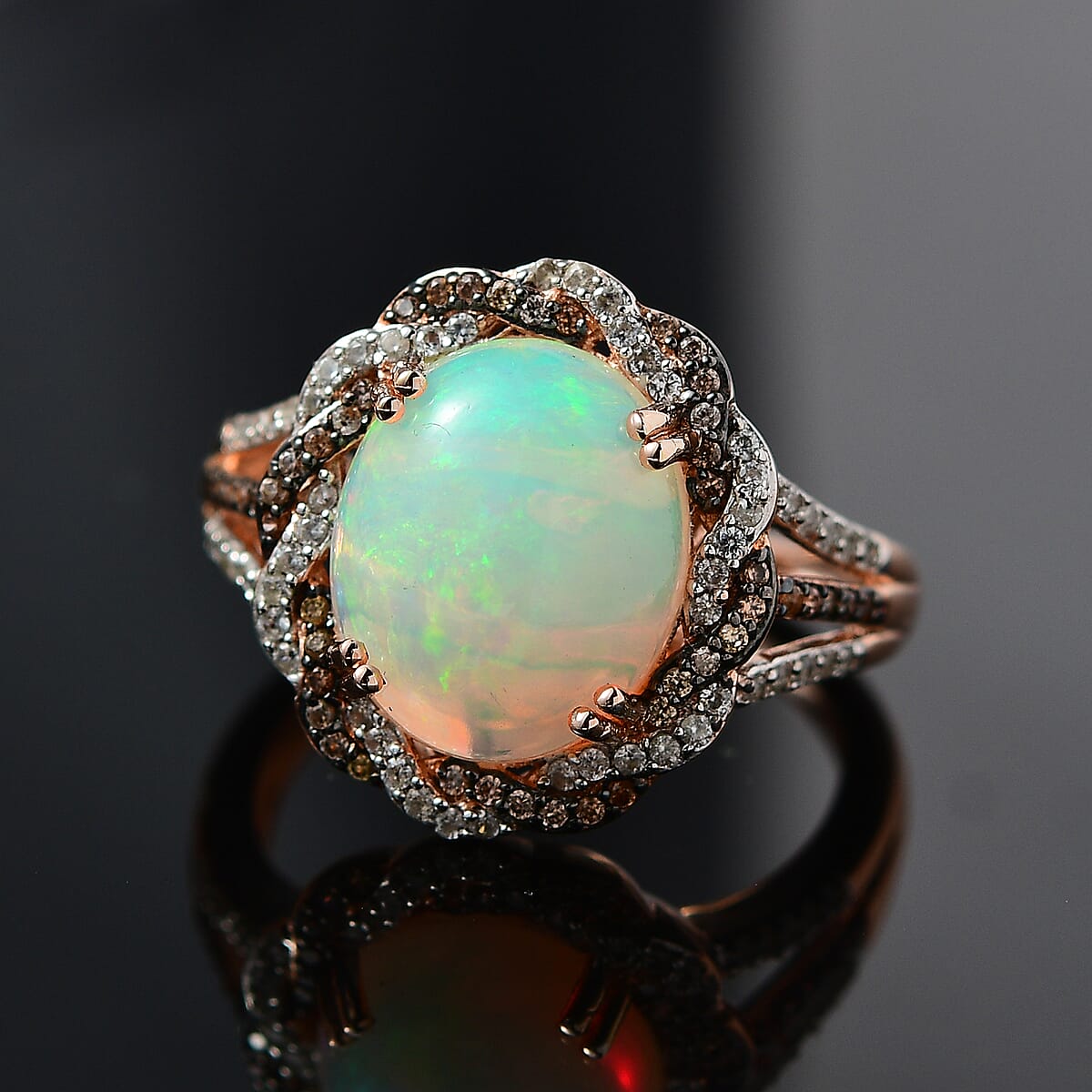 Premium Ethiopian Welo Opal, White and Champagne Zircon Ring in Vermeil Rose Gold Over Sterling Silver (Size 10.0) 3.65 ctw image number 1