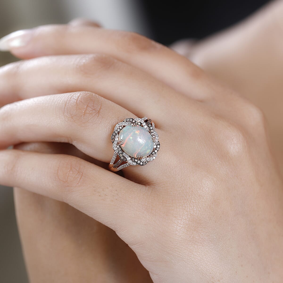 Premium Ethiopian Welo Opal, White and Champagne Zircon Ring in Vermeil Rose Gold Over Sterling Silver (Size 10.0) 3.65 ctw image number 2