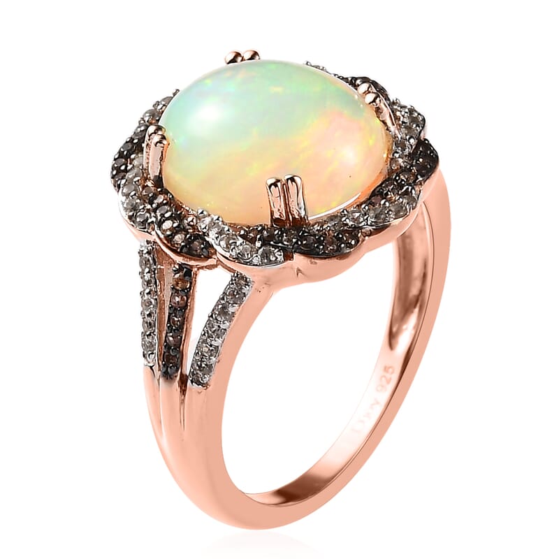 Premium Ethiopian Welo Opal, White and Champagne Zircon Ring in Vermeil Rose Gold Over Sterling Silver (Size 10.0) 3.65 ctw