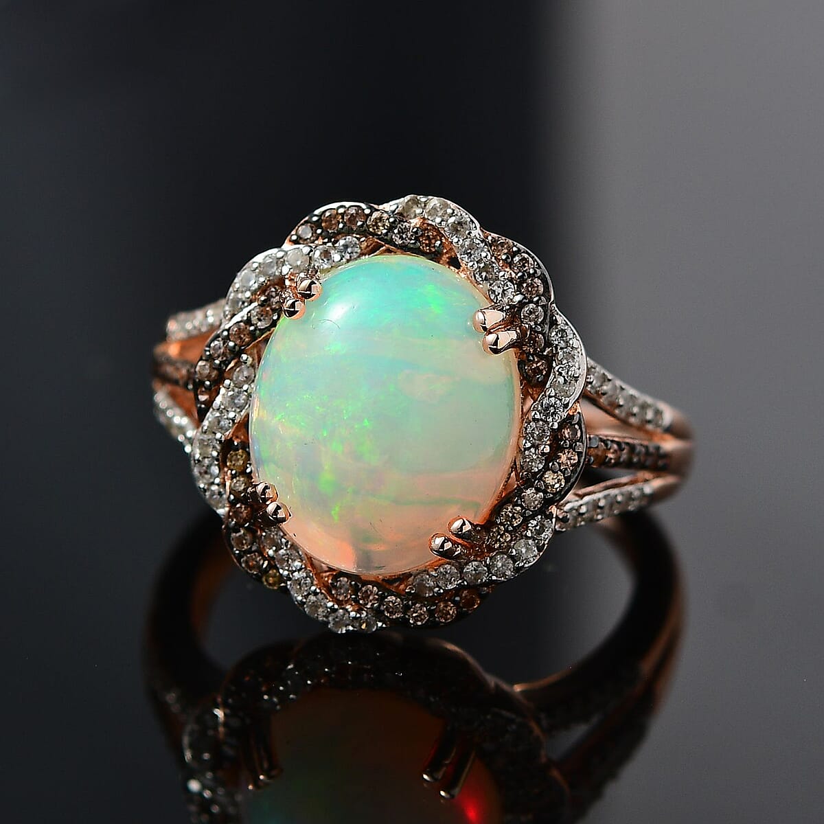 Premium Ethiopian Welo Opal, White and Champagne Zircon Ring in Vermeil Rose Gold Over Sterling Silver (Size 7.0) 3.65 ctw image number 1