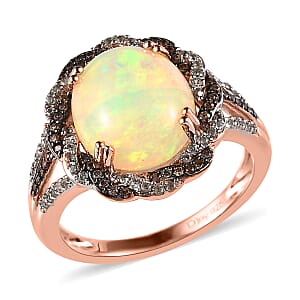Premium Ethiopian Welo Opal, White and Champagne Zircon Ring in Vermeil Rose Gold Over Sterling Silver (Size 8.0) 3.65 ctw