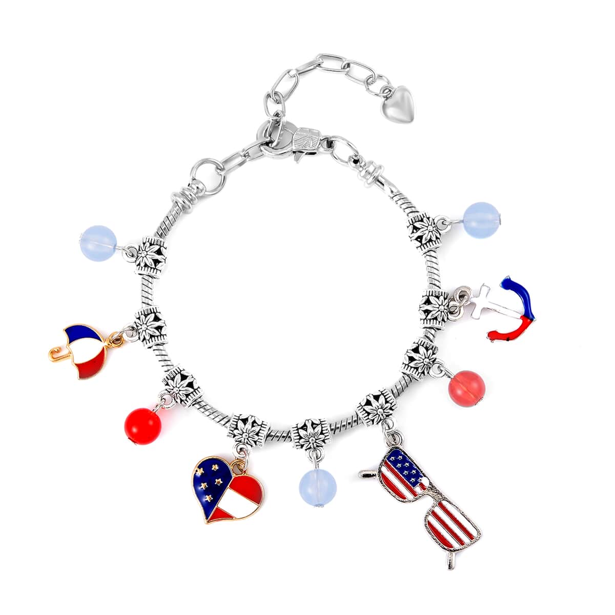 Blue and Red Glass and Enameled American Flag Pattern Bracelet in Silvertone (7-9In) image number 0