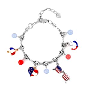 Blue and Red Glass and Enameled American Flag Pattern Bracelet in Silvertone (7-9In)