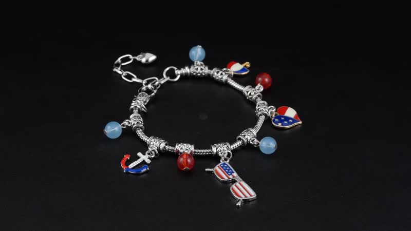 Blue and Red Glass and Enameled American Flag Pattern Bracelet in Silvertone (7-9In)