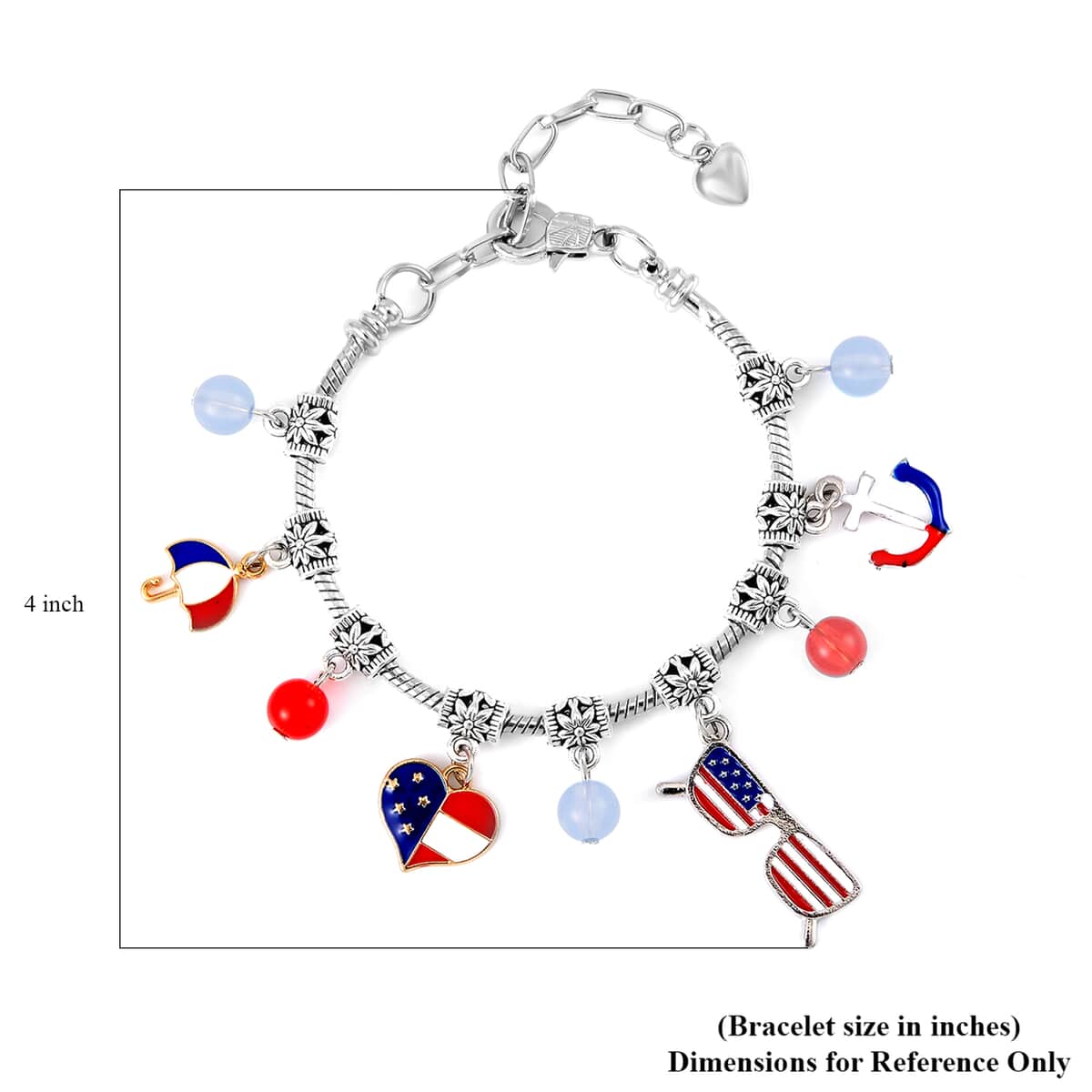 Blue and Red Glass and Enameled American Flag Pattern Bracelet in Silvertone (7-9In) image number 3