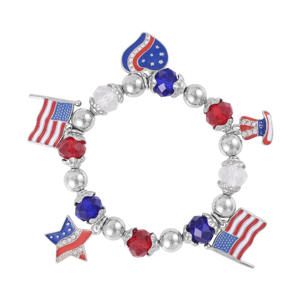 Multi Color Glass and Austrian Crystal American Flag Pattern Charm Bracelet in Silvertone (7-7.5In) image number 0