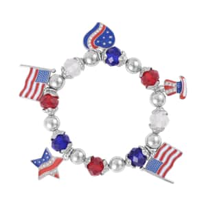 Multi Color Glass and Austrian Crystal American Flag Pattern Charm Bracelet in Silvertone (7-7.5In)