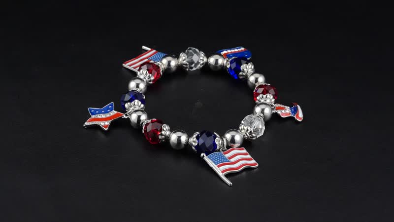 Multi Color Glass and Austrian Crystal American Flag Pattern Charm Bracelet in Silvertone (7-7.5In)