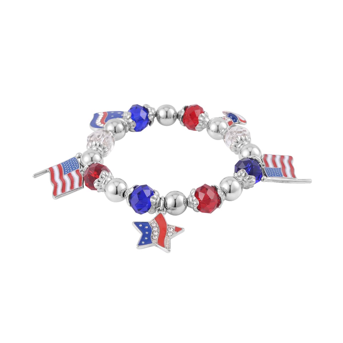 Multi Color Glass and Austrian Crystal American Flag Pattern Charm Bracelet in Silvertone (7-7.5In) image number 2