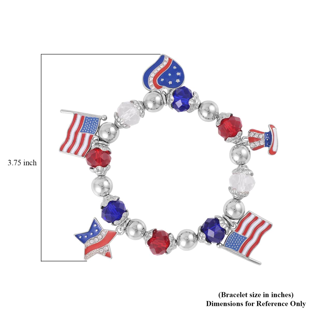 Multi Color Glass and Austrian Crystal American Flag Pattern Charm Bracelet in Silvertone (7-7.5In) image number 3