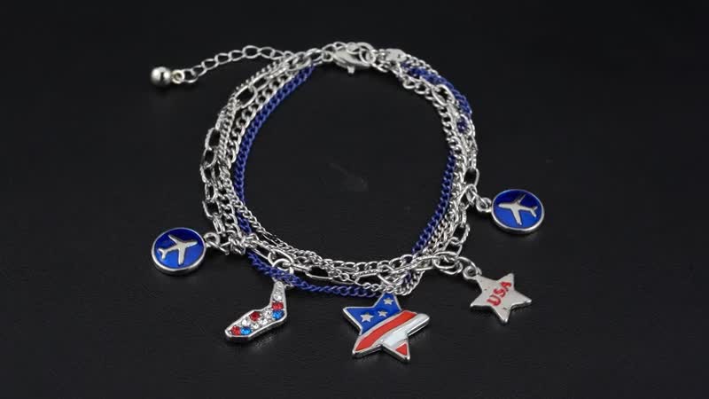 Multi Color Austrian Crystal, Enameled American Flag Pattern Bracelet in Silvertone (7.5-9.5In)
