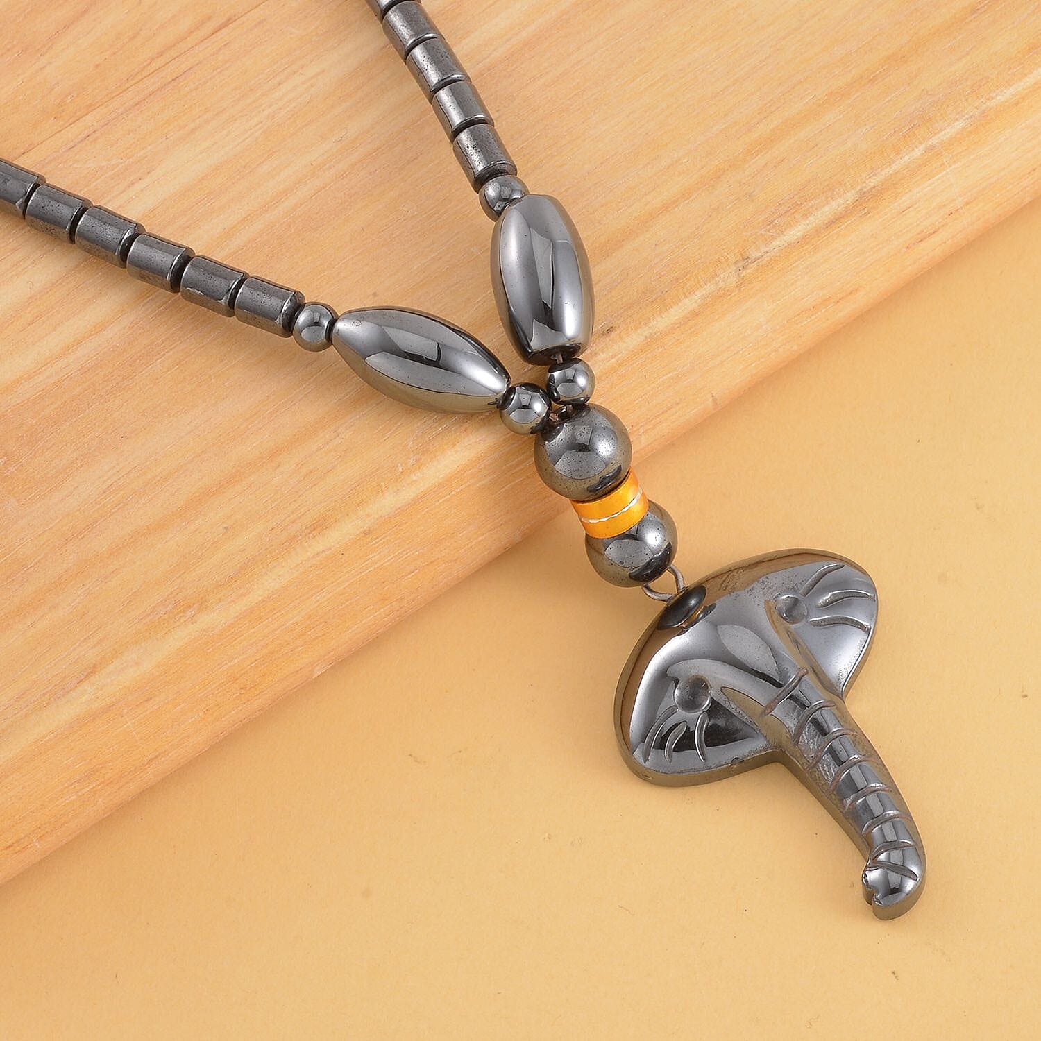 Hematite Elephant Pendant with Beaded Necklace 20 Inches in Dualtone 100.00 ctw