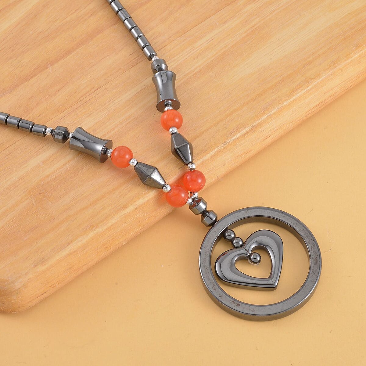 Hematite and Multi Gemstone Fancy and Heart Pendant with Beaded Necklace 20 Inches in Silvertone 94.00 ctw image number 1