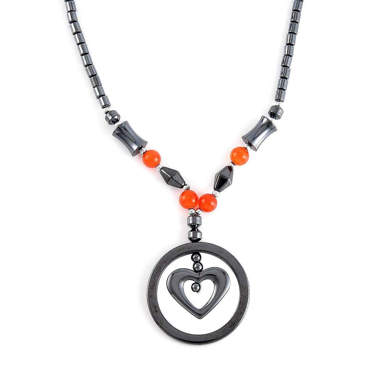 Hematite and Multi Gemstone Fancy and Heart Pendant with Beaded Necklace 20 Inches in Silvertone 94.00 ctw image number 2