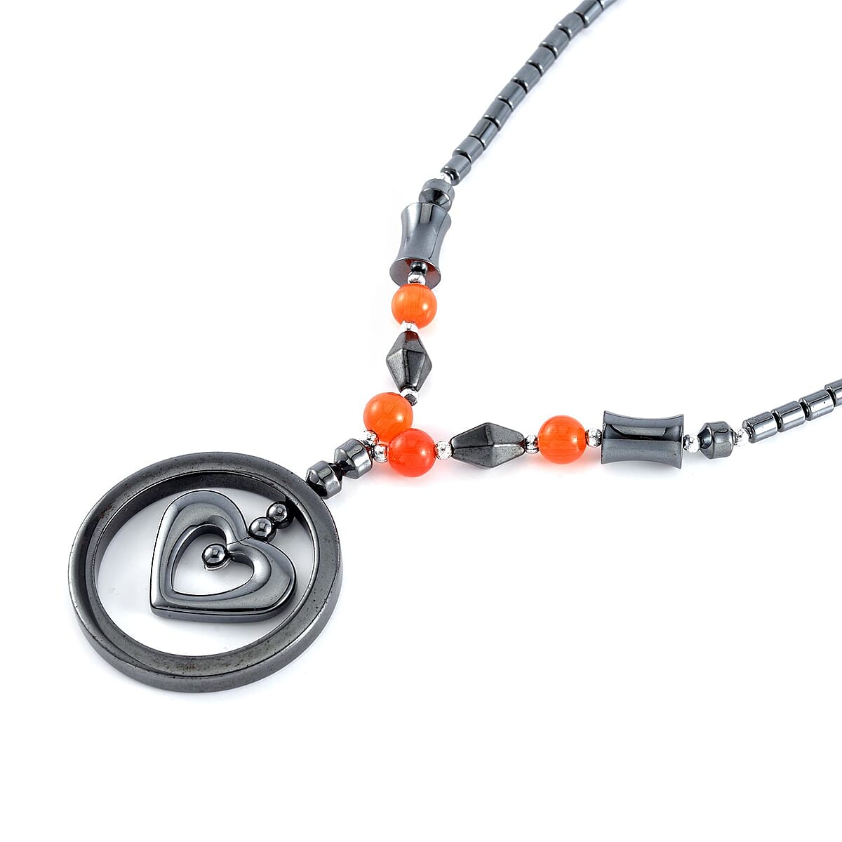 Hematite and Multi Gemstone Fancy and Heart Pendant with Beaded Necklace 20 Inches in Silvertone 94.00 ctw image number 3