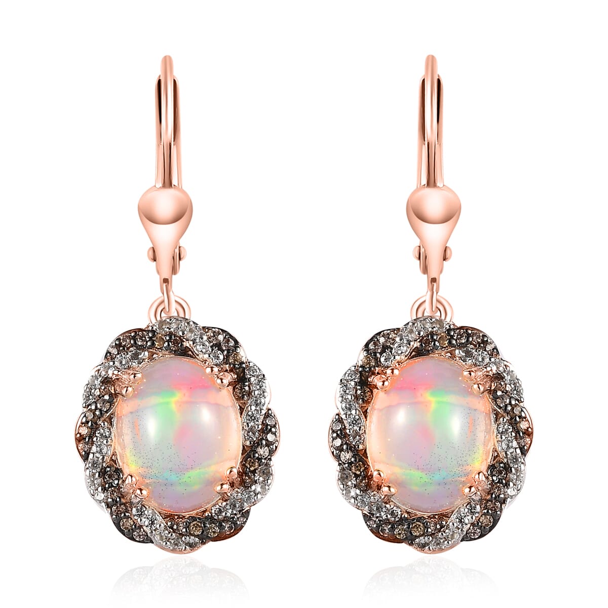 Premium Ethiopian Welo Opal, White and Champagne Zircon Lever Back Earrings in Vermeil Rose Gold Over Sterling Silver 3.90 ctw image number 0