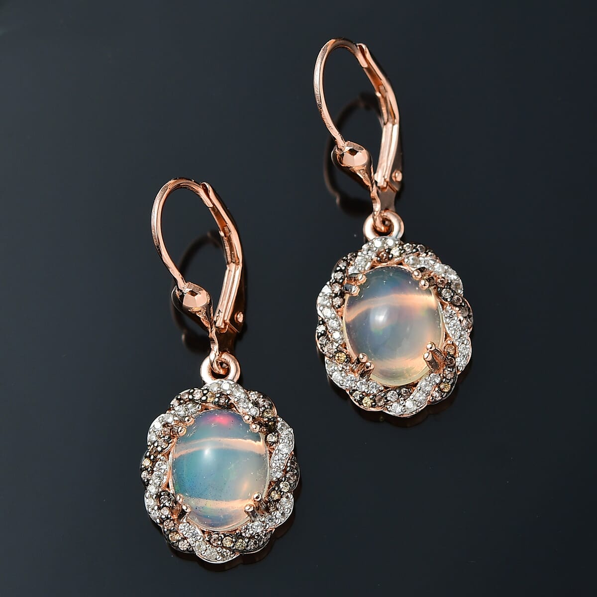 Premium Ethiopian Welo Opal, White and Champagne Zircon Lever Back Earrings in Vermeil Rose Gold Over Sterling Silver 3.90 ctw image number 1