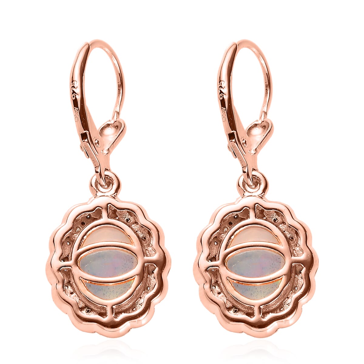 Premium Ethiopian Welo Opal, White and Champagne Zircon Lever Back Earrings in Vermeil Rose Gold Over Sterling Silver 3.90 ctw image number 3