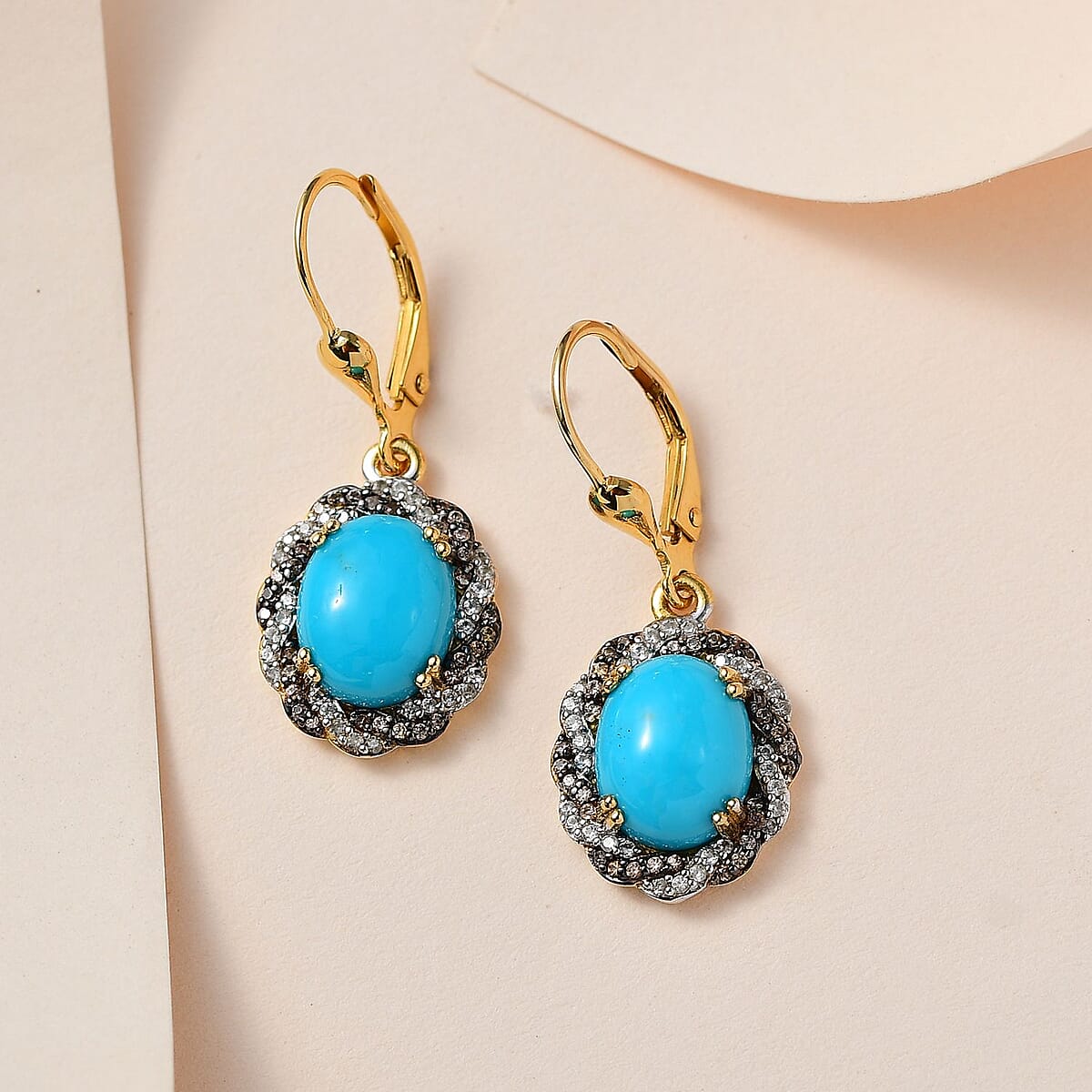 Premium Sleeping Beauty Turquoise, White and Champagne Zircon Lever Back Earrings in Vermeil Yellow Gold Over Sterling Silver 5.10 ctw image number 1