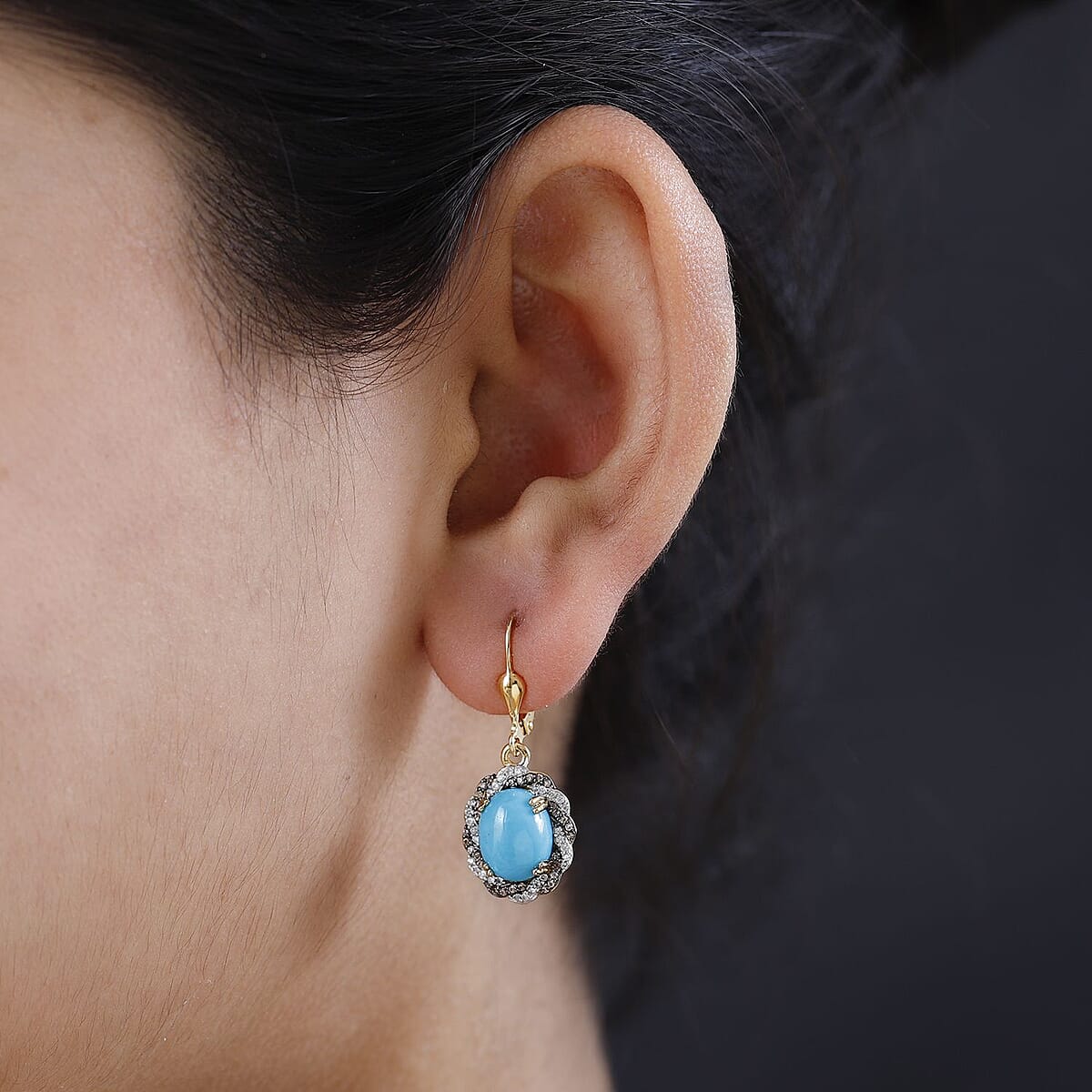 Premium Sleeping Beauty Turquoise, White and Champagne Zircon Lever Back Earrings in Vermeil Yellow Gold Over Sterling Silver 5.10 ctw image number 2