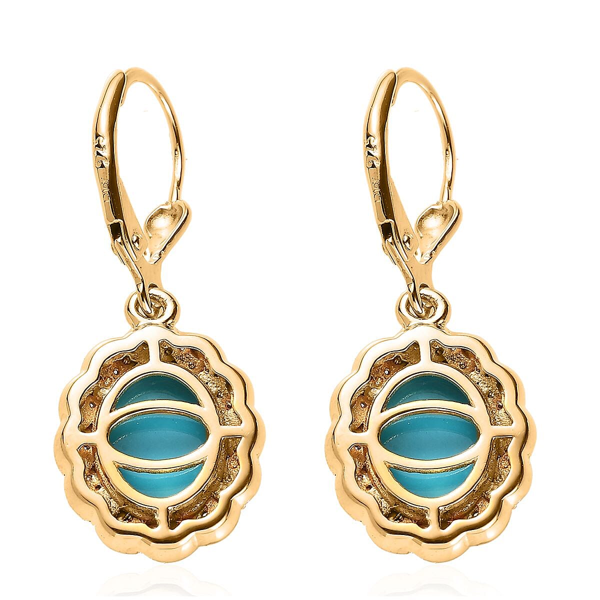 Premium Sleeping Beauty Turquoise, White and Champagne Zircon Lever Back Earrings in Vermeil Yellow Gold Over Sterling Silver 5.10 ctw image number 3