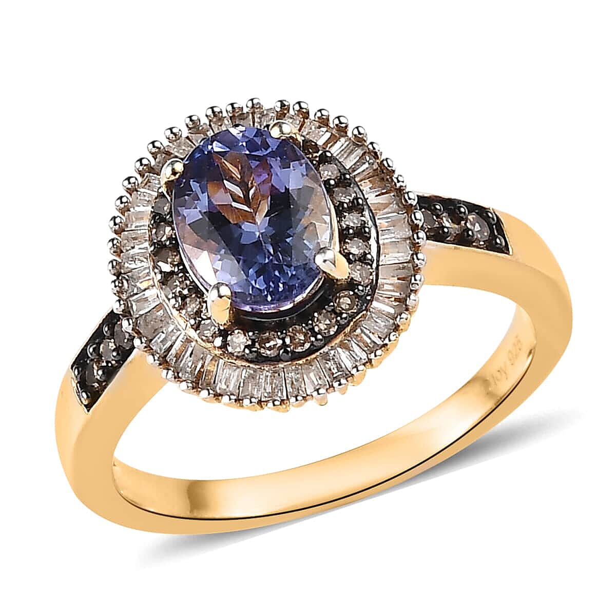 Tanzanite, Natural Champagne and White Diamond Double Halo Ring in Vermeil Yellow Gold Over Sterling Silver 1.75 ctw image number 0