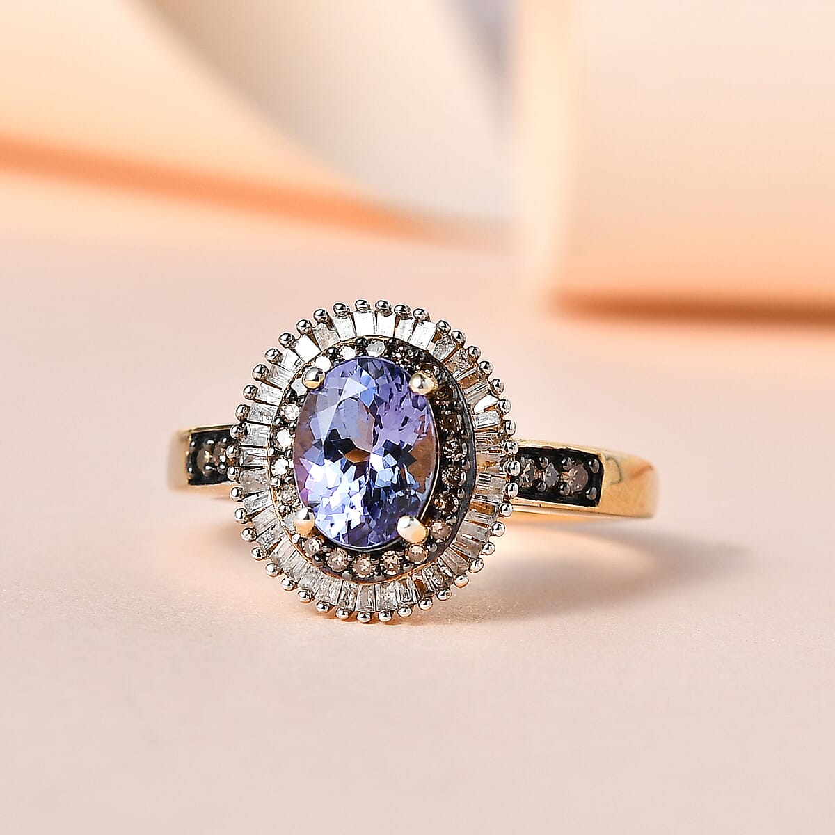 Tanzanite, Natural Champagne and White Diamond Double Halo Ring in Vermeil Yellow Gold Over Sterling Silver 1.75 ctw image number 1