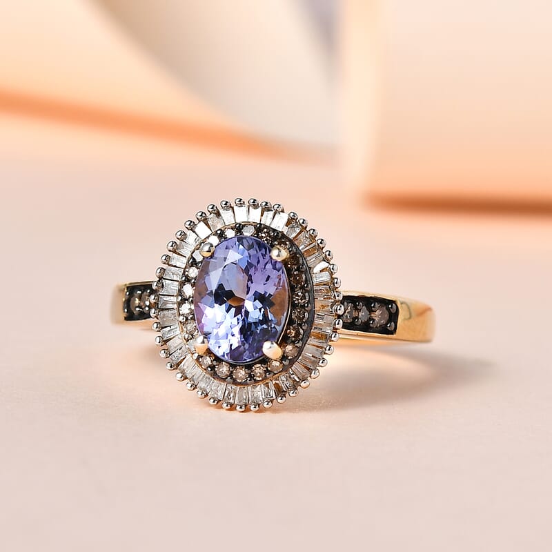 Tanzanite, Natural Champagne and White Diamond Double Halo Ring in Vermeil Yellow Gold Over Sterling Silver (Size 6.0) 1.65 ctw