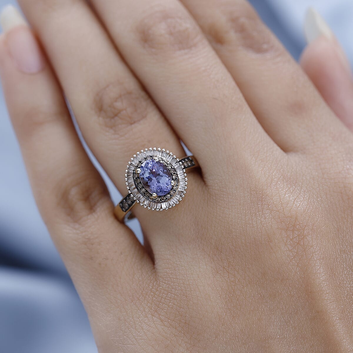 Tanzanite, Natural Champagne and White Diamond Double Halo Ring in Vermeil Yellow Gold Over Sterling Silver 1.75 ctw image number 2