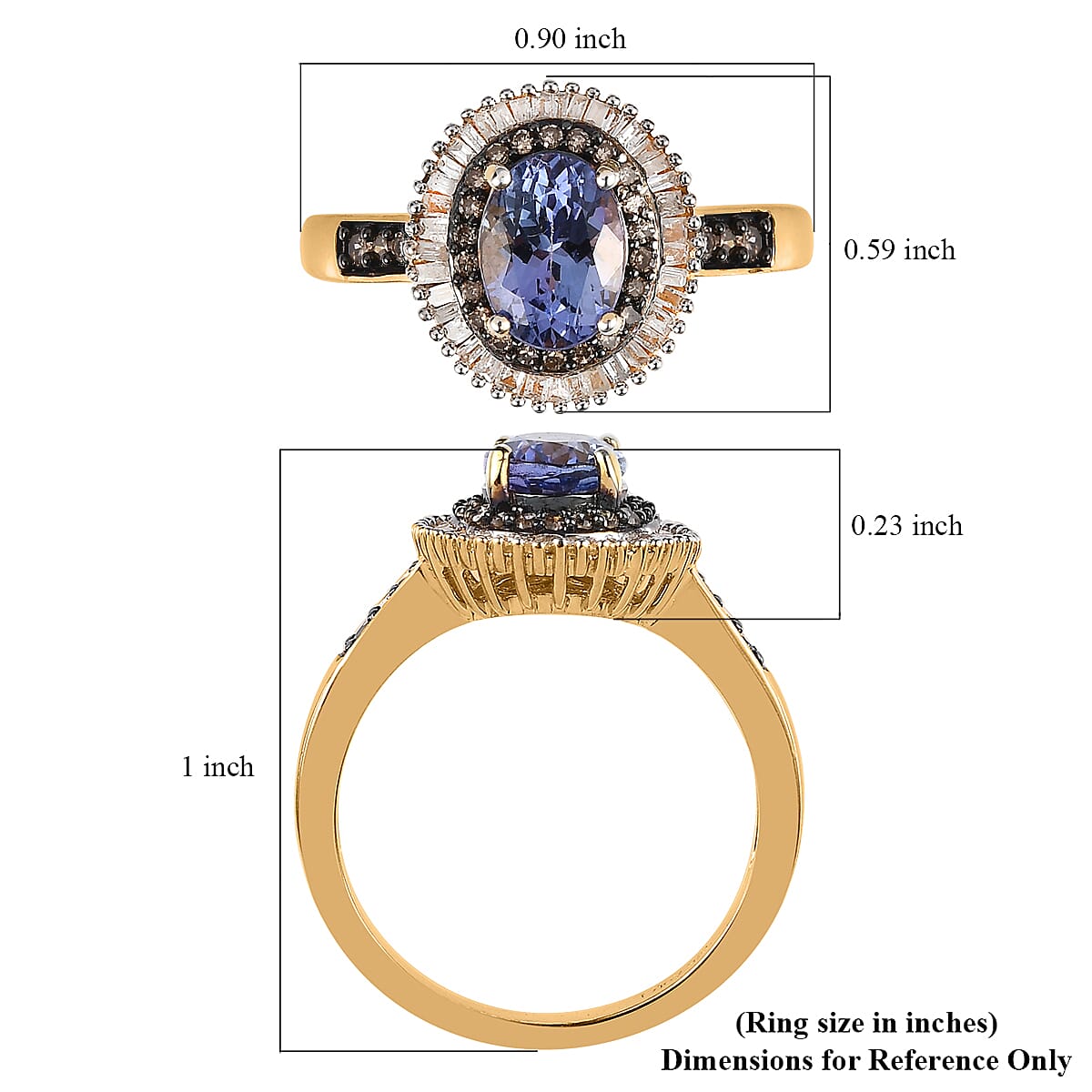 Tanzanite, Natural Champagne and White Diamond Double Halo Ring in Vermeil Yellow Gold Over Sterling Silver 1.75 ctw image number 5