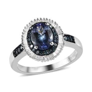 Peacock Tanzanite, Blue and White Diamond Double Halo Ring in Platinum Over Sterling Silver (Size 10.0) 1.75 ctw