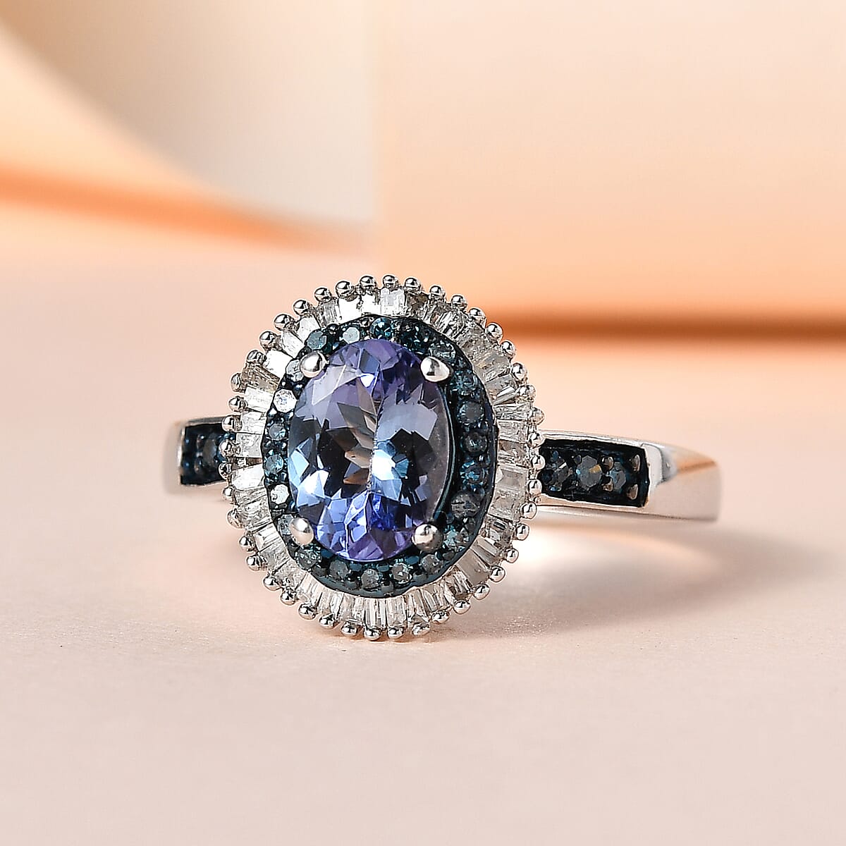 Peacock Tanzanite, Blue and White Diamond Double Halo Ring in Platinum Over Sterling Silver (Size 10.0) 1.75 ctw image number 1