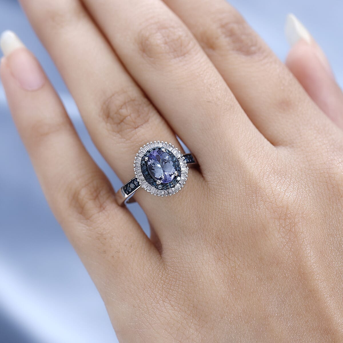 Peacock Tanzanite, Blue and White Diamond Double Halo Ring in Platinum Over Sterling Silver (Size 10.0) 1.75 ctw image number 2