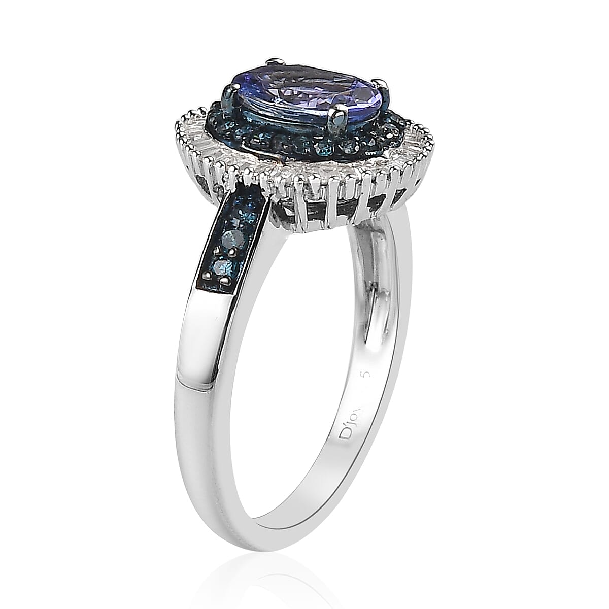 Peacock Tanzanite, Blue and White Diamond Double Halo Ring in Platinum Over Sterling Silver (Size 10.0) 1.75 ctw image number 3