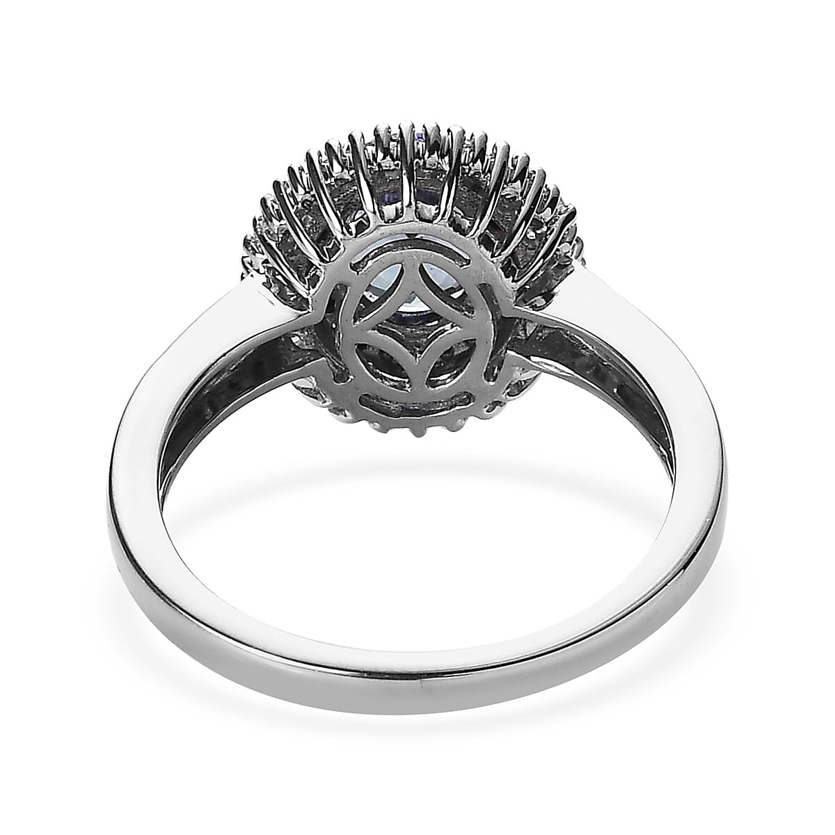 Peacock Tanzanite, Blue and White Diamond Double Halo Ring in Platinum Over Sterling Silver (Size 10.0) 1.75 ctw image number 4