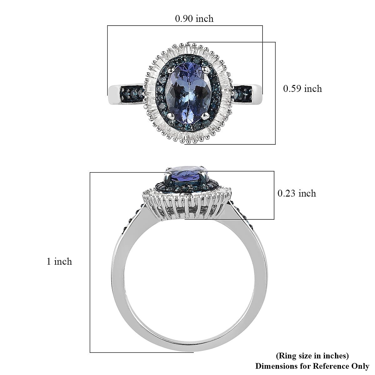Peacock Tanzanite, Blue and White Diamond Double Halo Ring in Platinum Over Sterling Silver (Size 10.0) 1.75 ctw image number 5