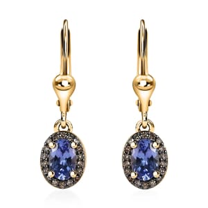 Tanzanite Dangle Earrings,  Natural Champagne Diamond Accent Earrings, Tanzanite Lever Back Earrings, Vermeil Yellow Gold Over Sterling Silver Earrings 1.00 ctw