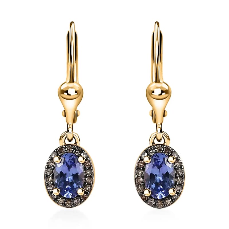 Tanzanite Dangle Earrings,  Natural Champagne Diamond Accent Earrings, Tanzanite Lever Back Earrings, Vermeil Yellow Gold Over Sterling Silver Earrings 1.00 ctw