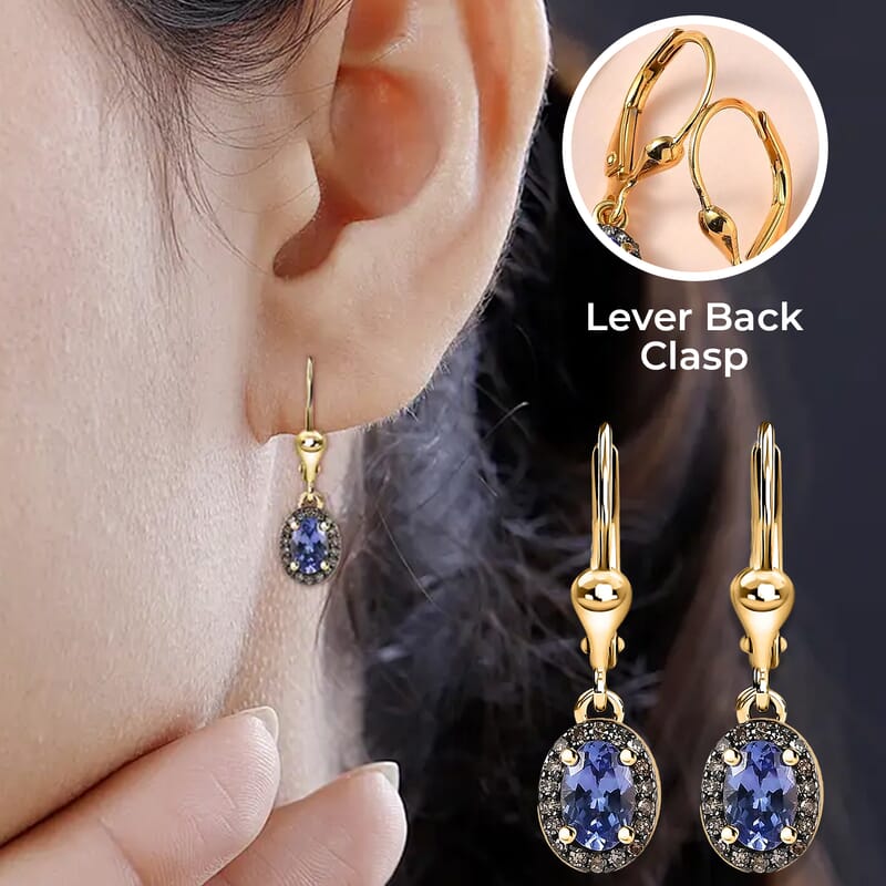 Tanzanite Dangle Earrings,  Natural Champagne Diamond Accent Earrings, Tanzanite Lever Back Earrings, Vermeil Yellow Gold Over Sterling Silver Earrings 1.00 ctw