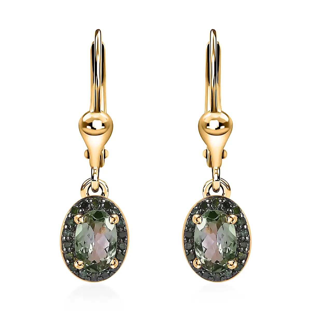 Green Tanzanite Dangle Earrings,  Green Diamond Accent Earrings, Tanzanite Lever Back Earrings, Vermeil Yellow Gold Over Sterling Silver Earrings 1.15 ctw image number 0
